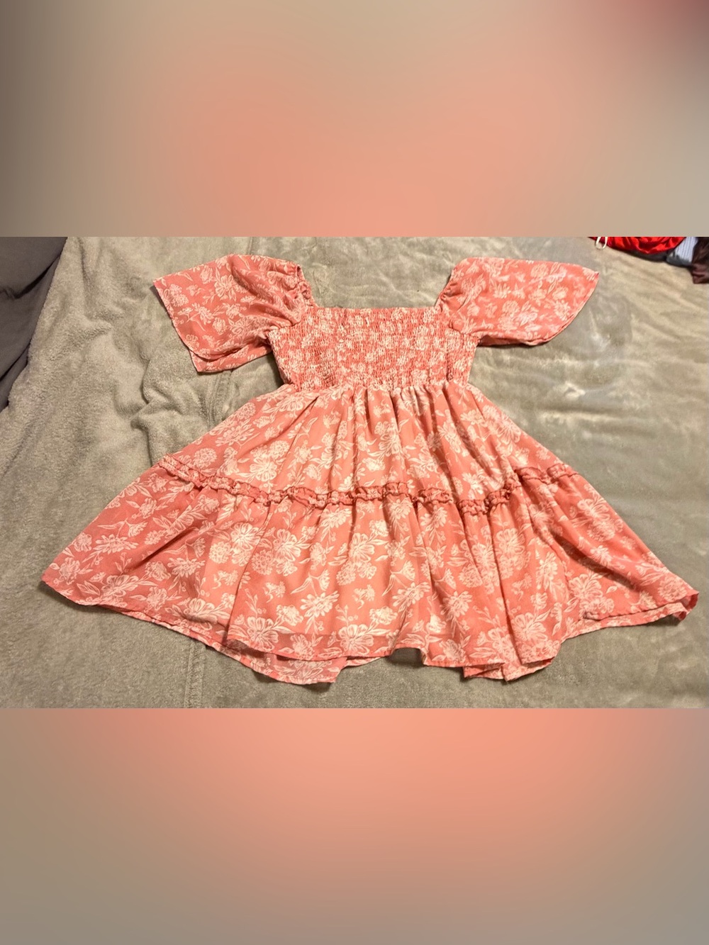 Justify Coral Floral Puff-Sleeve Tiered Dress